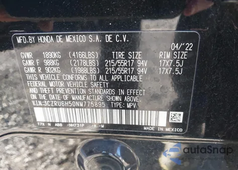 2022 Honda Hr-V Awd Ex z USA, uszkodzony, nr VIN 3CZRU6H50NM775895